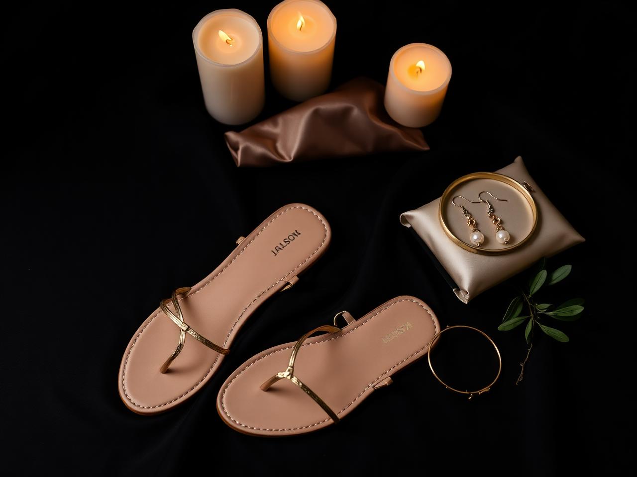 Flache Sandalen, Clutch und feiner Schmuck